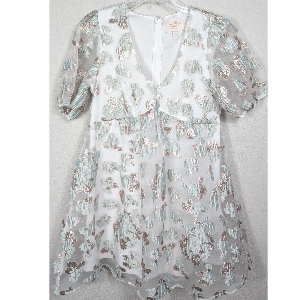 Audrey Parks Francesca's Dress Womens S White Floral Metallic Fairycore